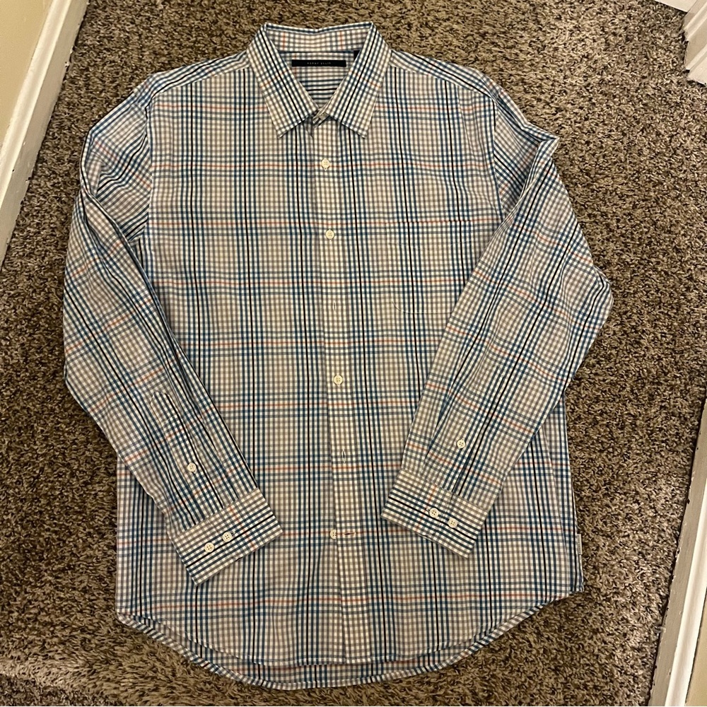 Perry Ellis Shirt Adult XL Blue & Red Button Up Long Sleeve Shirt